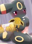  black_body blush bodily_fluids censored cum cum_on_penis eeveelution generation_1_pokemon generation_2_pokemon genital_fluids genitals hi_res jolteon looking_at_viewer mosaic_censorship nintendo penis plushie pok&eacute;mon pokemon_(species) semi-anthro solo tabiari umbreon video_games 