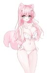  1girl :d absurdres animal_ear_fluff animal_ears bangs bikini blush breasts cleavage commentary_request frilled_bikini frills green_eyes hair_between_eyes hands_up highres large_breasts long_hair looking_at_viewer navel original pink_hair simple_background smile solo swimsuit tail tandohark very_long_hair white_background white_bikini 