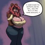  2022 anthro big_breasts bottomwear breasts brown_body brown_fur carly_bear clothing cupcakecarly denim denim_clothing dialogue digital_media_(artwork) english_text female fur hair hi_res implied_transformation jeans mammal midriff nipple_outline open_mouth overweight overweight_female pants pink_hair simple_background solo text topwear ursid 