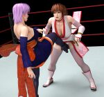  2girls 3d absurdres ass ayane_(doa) brown_hair cunt_punt dead_or_alive gcb hair_ribbon highres japanese_clothes kasumi_(doa) long_hair multiple_girls ponytail purple_hair ribbon wrestling_ring 