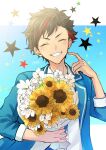  1boy ^_^ absurdres artist_name asymmetrical_bangs bangs black_hair blue_background blue_jacket blush bouquet closed_eyes collared_shirt commentary_request confetti ensemble_stars! flower grin hand_up highres holding holding_bouquet jacket lapels lily_(flower) long_sleeves makura_wet male_focus multicolored_hair nagumo_tetora open_clothes open_jacket parted_bangs red_hair shirt short_hair signature smile solo star_(symbol) streaked_hair sunflower teeth two-tone_background upper_body white_background white_flower white_shirt wing_collar yellow_flower 