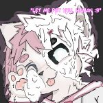  1:1 ambiguous_gender anthro black_eyebrows black_pupils blue_eyes canid canine canis clothing dazed_(video_game) dialogue english_text eyebrows fur hair hi_res latex lonelywolfyboi looking_at_viewer mammal pattern_clothing paws pink_eyebrows pink_hair pupils simple_background solo sticky talking_to_viewer text tongue tongue_out transformation white_body white_fur wolf xi_(dazed) 
