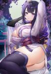  1girl arms_up ass bangs braid braided_ponytail breasts bridal_gauntlets cleavage closed_mouth feet_out_of_frame genshin_impact highres japanese_clothes kimono large_breasts leaning_back looking_at_viewer machi_(7769) mitsudomoe_(shape) mole mole_under_eye obiage obijime purple_eyes purple_hair purple_kimono raiden_shogun short_kimono shrug_(clothing) sidelocks single_braid sitting solo thighhighs thighs tomoe_(symbol) vision_(genshin_impact) wet wide_sleeves 