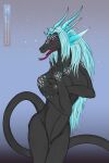  anthro black_body blue_hair breasts dragon female hair hi_res horn hynvale jewelry licking looking_at_viewer night pinup pose red_eyes scalie simple_background solo spikes tail_motion tailwag tongue tongue_out western_dragon 