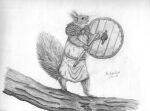  anthro clothing fur graphite_(artwork) greyscale holding_object holding_weapon lied_etal male mammal melee_weapon monochrome pencil_(artwork) red_squirrel_(disambiguation) rodent sciurid signature simple_background solo traditional_media_(artwork) weapon white_background 