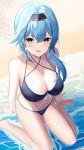  1girl absurdres blue_hair breasts cleavage eula_(genshin_impact) genshin_impact hair_ornament highres large_breasts looking_at_viewer navel nmek4544 ocean open_mouth sitting smile solo sweat yellow_eyes 