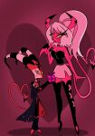  absurd_res anthro blitzo_(helluva_boss) blush breasts claws clothed clothing demon duo female gift_wrapped hair helluva_boss hi_res holding_object horn humanoid humanoid_on_anthro imp larger_female lilesssssarts love male male/female pink_body red_body red_eyes simple_background size_difference smaller_male smile succubus thick_thighs verosika_mayday_(helluva_boss) white_hair 