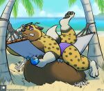  4_fingers 4_toes animal_crossing anthro beach belly belly_on_ground beverage big_belly black_pawpads bodily_fluids brown_belly clothing detailed_background ears_down eyewear feet fingers fur hammock holding_beverage holding_object hyaenid kyle_(animal_crossing) lidded_eyes looking_at_belly looking_down_at_self lying male mammal motion_lines nintendo on_front onomatopoeia overweight overweight_anthro overweight_male palm_tree pawpads pivoted_ears plant purple_clothing purple_underwear seaside sloshing_belly solo sound_effects spots sunglasses sweat sweatdrop tanio teeth toes tree underwear video_games yellow_body yellow_fur 