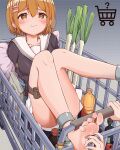  1girl 1other absurdres ankle_cuffs apple arms_behind_back barefoot black_serafuku blush bottle bound bound_arms brown_eyes brown_hair chinese_commentary collarbone commentary_request convenient_leg feet feet_up food foot_tickling fruit highres in_shopping_cart knees_together_feet_apart leaning_back medium_hair miniskirt original out_of_frame pillow pleated_skirt qiufengxiaose restrained school_uniform serafuku shopping_cart skirt smile soles spring_onion thigh_strap thighs tickling toes white_skirt 