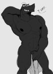  2022 abs alphabet_(mike_salcedo) anthro biceps big_muscles black_body black_nipples colored colored_sketch covering covering_crotch covering_self dialogue english_text eyebrows f_(mike_salcedo) grey_background hand_behind_head hi_res holding_object holding_towel looking_at_viewer male monochrome muscular muscular_anthro muscular_male narrowed_eyes nipples nude obliques pecs scalie seductive sharp_teeth simple_background sketch smile smirk solo standing teeth text towel zourik 