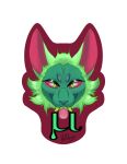  absurd_res ambiguous_gender anthro badge domestic_cat felid feline felis fur green_body green_eyes green_fur green_skin hi_res lykoi mammal rattdawg red_background red_eyes simple_background solo 