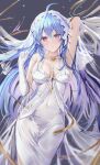  1girl absurdres age_fx ahoge arm_behind_head arm_up armpits azur_lane bangs bare_shoulders blue_hair blush breasts bridal_veil cleavage collarbone covered_navel dress elbow_gloves gloves helena_(azur_lane) helena_(miracle_in_white)_(azur_lane) highres large_breasts long_hair looking_at_viewer official_alternate_costume purple_eyes solo veil wedding_dress white_dress white_gloves 