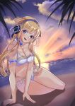  1girl :d beach bikini blonde_hair blue_hairband breasts cleavage come2traveling double_bun fletcher_(kancolle) hair_bun hairband headphones highres kantai_collection large_breasts long_hair looking_at_viewer navel official_alternate_costume purple_eyes smile solo sunset swimsuit white_bikini 
