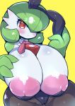 big_breasts blush breasts clothed clothing fake_ears fake_rabbit_ears female gardevoir generation_3_pokemon green_body hand_on_breast hi_res huge_breasts humanoid looking_at_viewer nekoyuu nintendo pok&eacute;mon pokemon_(species) solo thick_thighs video_games white_body 