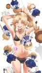  1girl armpits arms_behind_head arms_up artoria_pendragon_(fate) bangs bare_shoulders bikini black_bikini blonde_hair braid breasts closed_eyes collarbone fate/apocrypha fate/stay_night fate_(series) french_braid highres jewelry long_hair mordred_(fate) mordred_(fate/apocrypha) necklace open_mouth parted_bangs ponytail saber sidelocks small_breasts smile stuffed_toy swimsuit tonee 