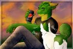  annoyed anthro beverage canid canine canis clothed clothing domestic_dog dragon duo ear_piercing franklyfurry fur gauged_ear hair hi_res male mammal outside piercing scalie sitting sitting_on_ground solo text western_dragon 