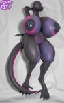  2022 3d_(artwork) 5_fingers 5_toes anthro areola big_breasts black_body breasts digital_media_(artwork) feet female feversfm fingers generation_7_pokemon genitals hi_res huge_breasts nintendo nipples nude pok&eacute;mon pokemon_(species) purple_body pussy salazzle solo toes video_games 