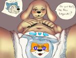  absurd_res anthro beastars belly blush blush_lines brown_nose canid canine dialogue diaper diaper_fetish diaper_fur duo fangs fur hi_res holding_belly jack_(beastars) legoshi_(beastars) long_ears looking_at_viewer lying male male/male mammal no_shirt on_back pawpads yellow_body yellow_fur 