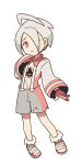  1boy ahoge albino allister_(pokemon) alternate_color bright_pupils closed_mouth collared_shirt commentary frown full_body gloves hand_up long_sleeves male_focus pink_eyes pokemon pokemon_(game) pokemon_swsh shirt shoes short_hair shorts side_slit side_slit_shorts simple_background single_glove socks solo ssalbulre suspender_shorts suspenders white_background white_footwear white_pupils white_shirt 