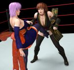  2girls 3d absurdres ass ayane_(doa) brown_hair cunt_punt dead_or_alive gcb hair_ribbon highres japanese_clothes kasumi_(doa) long_hair multiple_girls ponytail purple_hair ribbon wrestling_ring 