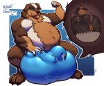  2022 4_fingers 4_toes animal_genitalia anthro arcas_(beareater2001) ball_bulge balls belly big_balls big_bulge big_sheath black_body black_fur blue_background blue_clothing blue_thong blue_underwear blush bodily_fluids body_hair brown_body brown_fur bulge canid canine canis clothing cock_vore dialogue domestic_dog dozor duo english_text facial_piercing fangs feet fingers flexing flexing_bicep fur genital_fluids genitals hand_on_balls hand_on_bulge happy_trail huge_balls huge_bulge huge_sheath hyper hyper_balls hyper_bulge hyper_genitalia internal leaking_precum looking_down looking_down_at_self looking_up male male_pred male_prey mammal mastiff molosser motion_lines mountain_dog musclegut muscular muscular_anthro muscular_male nose_piercing nose_ring overweight overweight_anthro overweight_male penile penis piercing pink_tongue precum precum_through_clothing precum_through_underwear ring_piercing rottweiler saint_bernard sheath signature simple_background sitting tanio text thong toes tongue tongue_out underwear vore wet wet_clothing white_background 
