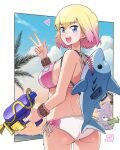  1girl ass backpack bag bikini blonde_hair blue_eyes bowieknife breasts from_behind gradient_hair gwen_poole highres looking_at_viewer looking_back marvel medium_breasts multicolored_hair open_mouth pink_hair shark shiny shiny_hair short_hair skindentation smile solo standing swimsuit teeth v water_gun wet white_bikini 