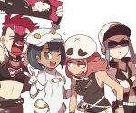  4girls ;d aether_foundation_employee bangs baseball_cap black_hair bright_pupils brown_eyes character_print commentary crossed_arms gloves hand_up hat holding jacket jewelry looking_at_viewer macro_cosmos&#039;s_(pokemon) marnie_(pokemon) multiple_girls navel necklace notice_lines one_eye_closed open_mouth overalls poke_ball poke_ball_(basic) pokemon pokemon_(game) pokemon_sm pokemon_swsh shirt short_hair sleeveless sleeveless_shirt smile ssalbulre sweatdrop team_skull_grunt team_yell_grunt teeth upper_teeth white_gloves white_headwear white_overalls white_pupils wristband 