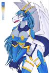  anime_eyes anthro armor blue_hair clothing costume dragon female hair headgear hi_res hynvale legwear long_hair looking_at_viewer pinup pose scalie scarf simple_background smile solo stella_whitewing thigh_highs western_dragon white_background white_body wings 
