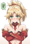  1girl bangs blonde_hair braid breasts covering covering_breasts crossed_arms detached_collar detached_sleeves fate/apocrypha fate/grand_order fate_(series) french_braid green_eyes highres long_hair looking_at_viewer mordred_(fate) mordred_(fate/apocrypha) navel parted_bangs ponytail pout sidelocks small_breasts solo spoken_squiggle squiggle tonee topless 