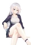  1girl absurdres bangs black_jacket black_skirt breasts bronya_zaychik caisena closed_mouth collarbone commentary_request crossed_legs feet_out_of_frame grey_background grey_hair grey_shirt hair_between_eyes highres holding honkai_(series) honkai_impact_3rd jacket long_hair looking_at_viewer medium_breasts open_clothes open_jacket pleated_skirt ribbed_shirt shirt simple_background sitting skirt smile solo very_long_hair white_background 