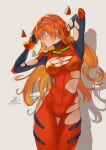  1girl adjusting_hair armpits ass_visible_through_thighs blush breasts cleavage contrapposto fadingz highres long_hair neon_genesis_evangelion plugsuit profile red_hair shadow signature skin_tight solo souryuu_asuka_langley thigh_gap torn_clothes 