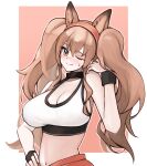  1girl ;) absurdres angelina_(arknights) animal_ears arknights blush border breasts brown_eyes brown_hair cleavage crop_top fox_ears hand_on_hip hand_up head_tilt highres large_breasts long_hair looking_at_viewer navel one_eye_closed outside_border pants red_background red_pants shirt simple_background smile solo sweat twintails very_long_hair white_border white_shirt yuki_nko64 