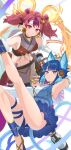  2girls animal_ears arm_behind_head bangs bare_shoulders blue_eyes blue_hair breasts cat_ears detached_sleeves duel_monster hare_the_sword_mikanko heichi highres leg_up long_sleeves medium_breasts midriff multicolored_hair multiple_girls nini_the_mirror_mikanko red_eyes red_hair shirt short_hair shorts skirt twintails two-tone_hair yu-gi-oh! 