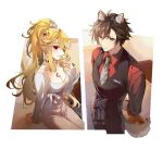  1boy 1girl akira_(ying) animal_ears black_choker black_pants black_vest brown_hair chinese_commentary choker collarbone collared_shirt dog_boy dog_ears dog_tail eyebrow_cut grey_necktie hair_behind_ear jewelry necklace necktie nijisanji nox_(vtuber) nox_official pants parted_lips pink_pants ponytail red_eyes red_shirt shirt sitting smile sparkle_hair_ornament tail tanoshiba_(virtuareal) vest virtual_youtuber virtuareal watermark white_shirt 