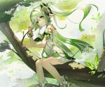  1girl armlet bare_legs bracelet branch crystalfly_(genshin_impact) day dress expressionless feet_out_of_frame female_child floating_hair genshin_impact gradient_hair green_eyes green_hair hair_ornament holding in_tree jewelry long_hair multicolored_hair nahida_(genshin_impact) outdoors pointy_ears ponytail scottie_(phantom2) sitting sitting_in_tree sleeveless sleeveless_dress socks solo symbol-shaped_pupils thighs tree white_dress white_hair white_socks 