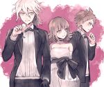  1girl 2boys bangs black_bow black_bowtie black_gloves black_jacket black_pants blush bow bowtie breasts closed_mouth danganronpa_(series) danganronpa_10th_anniversary_costume danganronpa_2:_goodbye_despair dress elbow_gloves formal gloves grey_background grey_shirt grin hinata_hajime holding jacket komaeda_nagito kyo722 large_breasts looking_at_another medium_hair multiple_boys official_alternate_costume pants pink_background pink_dress pink_eyes shirt single_glove smile striped striped_shirt teeth thinking 