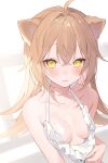  1girl absurdres animal_ears bangs blonde_hair blush bow breasts collarbone dress highres indie_virtual_youtuber lifted_by_self lion_ears long_hair looking_at_viewer no_bra rurudo_lion small_breasts solo sweat white_dress yellow_eyes yuita_(yuita17) 