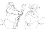  2022 anthro balls belly big_belly bravo canid canine clothing duo eyewear facial_hair genitals glasses hat headgear headwear magic male male/male mammal mature_male monochrome moobs mustache overweight overweight_male penis simple_background sketch were werecanid werecanine werewolf 
