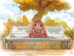  :o bench black_eyes digimon digimon_(creature) flower horns lopmon no_humans outdoors parted_lips ry-spirit sitting teeth tree 