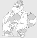  2022 anthro asian_clothing canid canine clothing east_asian_clothing footwear hi_res humanoid_hands hysk japanese_clothing kemono male mammal monochrome raccoon_dog sandals sengoku_puzzle sitting slightly_chubby solo tanuki tokugawa_ieyasu video_games 