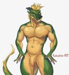  absurd_res anthro balls black_claws blonde_hair claws dragon flaccid genitals green_body green_scales hair hi_res horn humanoid_genitalia humanoid_penis looking_at_viewer male muscular muscular_anthro muscular_male navel nipples nude penis ratcatcher scales simple_background smile solo standing white_background yellow_body yellow_scales 