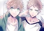  2boys bangs brown_eyes collarbone danganronpa:_trigger_happy_havoc danganronpa_(series) danganronpa_2:_goodbye_despair green_jacket hand_up hinata_hajime hood hood_down hooded_jacket jacket kyo722 male_focus multiple_boys naegi_makoto open_mouth portrait raglan_sleeves shirt smile spiked_hair white_shirt 