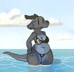  anthro belly bikini black_clothing black_horn blue_body blue_scales blue_tail bone_print_clothing breasts chubby_female cleavage clothed clothing cloud day detailed_background facial_piercing female grey_body grey_scales grey_tail horn kobold markings multicolored_body multicolored_scales navel nose_piercing nose_ring partially_submerged piercing ring_piercing scales sea sky slightly_chubby solo squablodecomplash swimwear tail_markings thick_thighs two_tone_body two_tone_scales two_tone_tail underwear vex_(squablodecomplash) water white_clothing wide_hips 