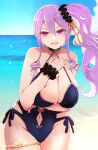  1girl arano_oki breasts fate/grand_order fate_(series) hair_ornament highres large_breasts long_hair looking_at_viewer navel ocean open_mouth piercing pink_eyes purple_hair solo swimsuit wet wu_zetian_(fate) wu_zetian_(swimsuit_caster)_(fate) 