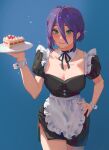  1girl absurdres alternate_costume apron bangs black_choker black_dress blue_background breasts buttons cake cake_slice chainsaw_man chinese_commentary choker cleavage collarbone commentary_request cowboy_shot detached_collar dress food frilled_apron frills green_eyes hair_between_eyes hair_bun hand_on_hip hand_up highres holding holding_plate looking_at_viewer mashu00417 neck_ribbon plate puffy_short_sleeves puffy_sleeves purple_hair reze_(chainsaw_man) ribbon short_hair short_sleeves simple_background single_hair_bun smile solo standing waist_apron waitress white_apron wrist_cuffs 