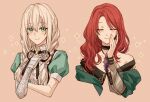  2girls bangs bare_shoulders bedivere_(fate) blonde_hair braid brown_background closed_eyes fate/grand_order fate_(series) genderswap genderswap_(mtf) green_eyes hair_between_eyes hand_on_own_face hopeer_(_hopeer_) jewelry long_hair looking_at_viewer multiple_girls neck_ribbon parted_bangs pendant prosthesis prosthetic_arm puffy_short_sleeves puffy_sleeves red_hair ribbon short_sleeves smile tristan_(fate) twin_braids 