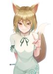  1girl absurdres animal_ears blonde_hair blush closed_mouth cork corked_bottle cowboy_shot fox_ears fox_shadow_puppet fox_tail green_ribbon hair_between_eyes highres koizumo kudamaki_tsukasa ribbon romper short_hair short_sleeves simple_background smile solo tail test_tube touhou white_background white_romper yellow_eyes 