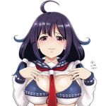  1girl ahoge artist_name black_hair blue_sailor_collar blush breasts closed_mouth dated hair_flaps kantai_collection large_breasts long_hair long_sleeves low_twintails neckerchief red_eyes red_neckerchief sailor_collar school_uniform serafuku signature simple_background solo taigei_(kancolle) tk8d32 twintails upper_body white_background 
