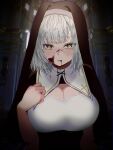  1girl black_veil blood blood_from_mouth blood_on_face blurry blurry_background blush breasts church cleavage_cutout clothing_cutout green_eyes grey_hair habit hand_on_own_chest heart heart-shaped_pupils highres hololive indoors large_breasts looking_at_viewer medium_hair nun pekorinko0810 shirogane_noel solo symbol-shaped_pupils upper_body veil yandere 