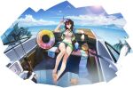  1girl animal artist_request azur_lane barefoot bikini bird blue_sky breasts brown_hair cleavage cloud cloudy_sky cup day disposable_cup drinking_straw fingernails fishing_rod gradient gradient_hair highres horns innertube long_hair looking_at_viewer magdeburg_(azur_lane) magdeburg_(gone_fishing)_(azur_lane) manjuu_(azur_lane) multicolored_hair nail_polish navel official_art open_mouth outdoors red_hair seagull see-through shiny shiny_hair single_horn sitting sky smile stomach sunglasses swimsuit toes two-tone_hair wristband 